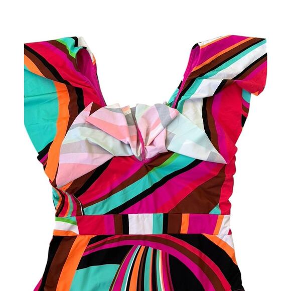 NEW Trina Turk Ruffle Flutter Sleeve Plunge One Piece Swimsuit Colorful Size 10 - Picture 3 of 9